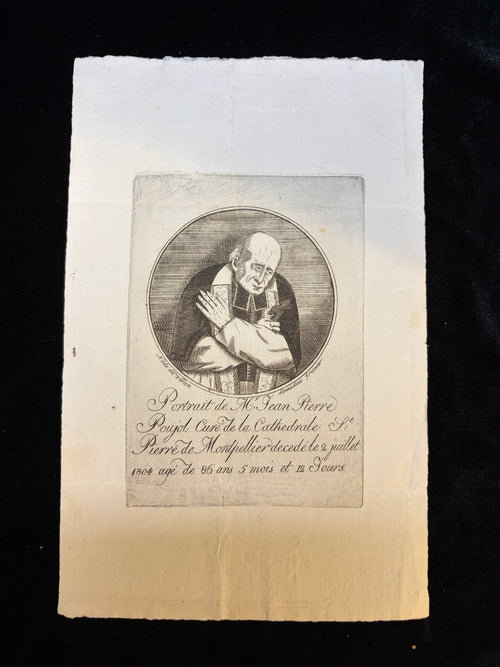 1804 etching portrait of Abbe Jean-Pierre Poujol, cure of Saint-Pierre Cathedral Montpellier, holding a crucifix, engraved by Donnadieu