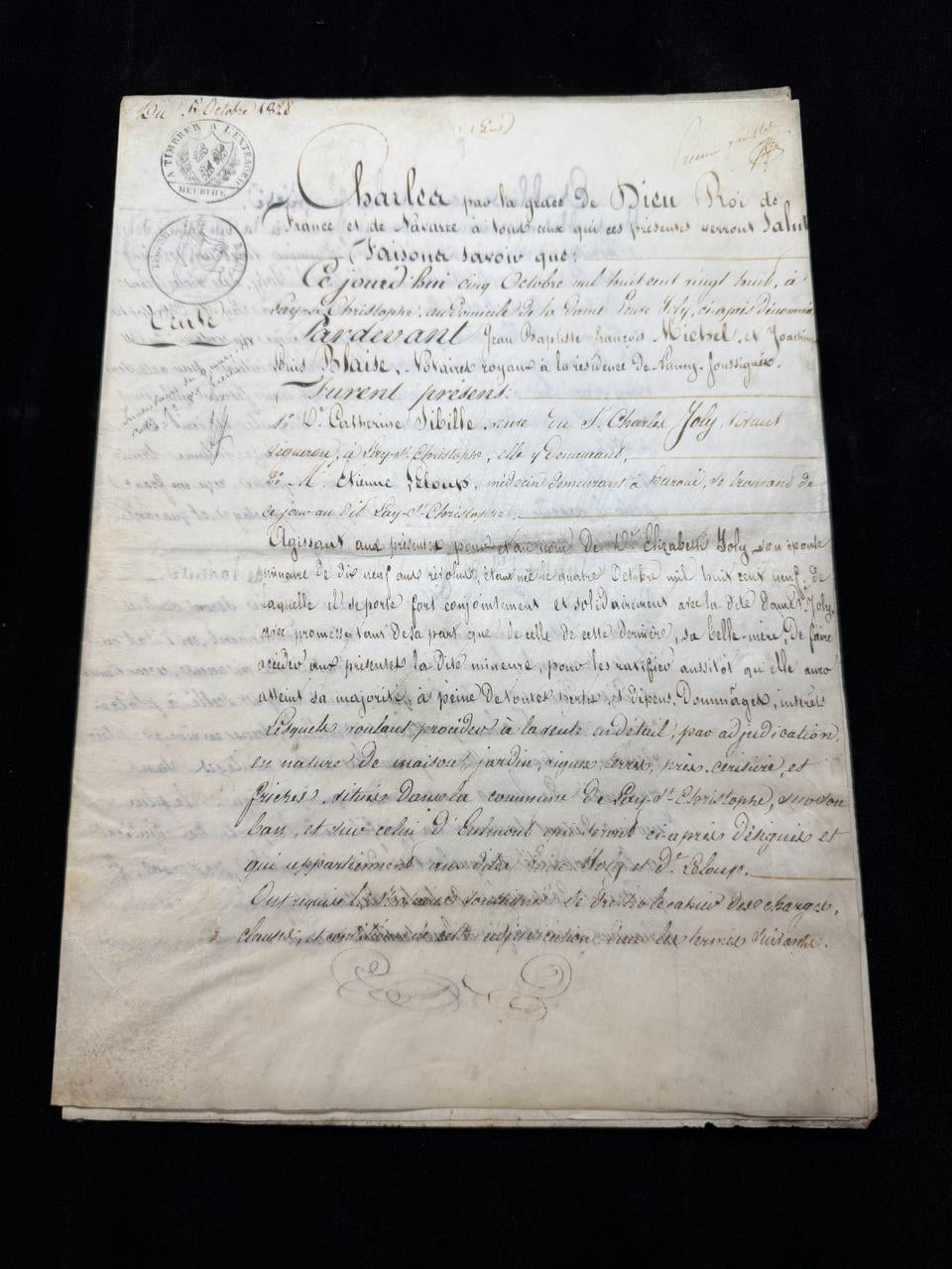 1828 French Royal Notarial Document King Charles X – Property Sale Act – Official Stamps