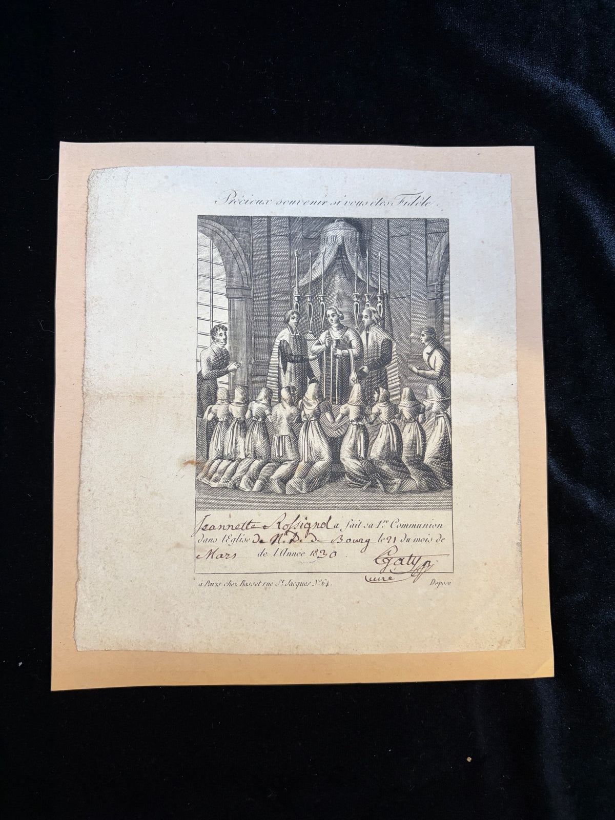 1830 French First Communion certificate of Jeannette Rossignol, Basset engraving of girls kneeling at the altar, Notre-Dame de Bourg