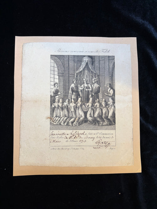 1830 French First Communion certificate of Jeannette Rossignol, Basset engraving of girls kneeling at the altar, Notre-Dame de Bourg