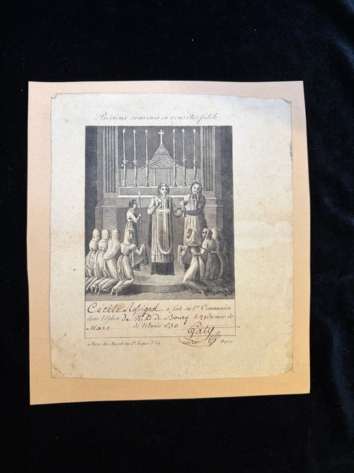 1830 French First Communion certificate, engraving of a priest giving communion to kneeling girls, Notre-Dame de Bourg, signed by the cure