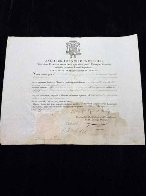1836 Catholic Church Ordination Certificate Bishop Jacobus-Franciscus Besson – Diocese of Metz – Embossed Seal