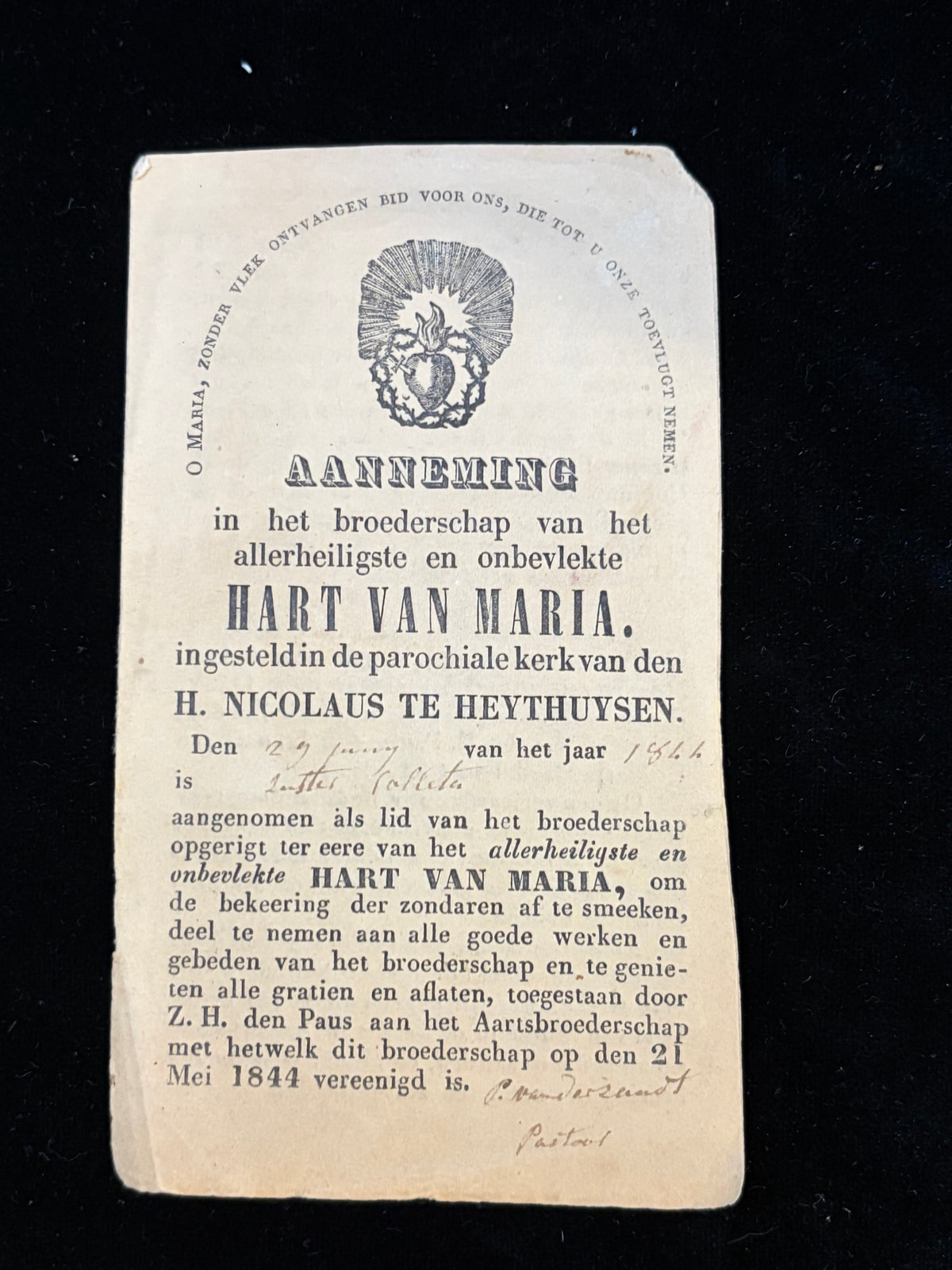 1840s Dutch certificate of admission to the Confraternity of the Immaculate Heart of Mary, St Nicholas church Heythuysen, signed by the parish priest