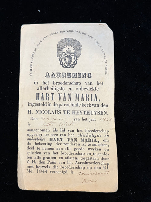 1840s Dutch certificate of admission to the Confraternity of the Immaculate Heart of Mary, St Nicholas church Heythuysen, signed by the parish priest