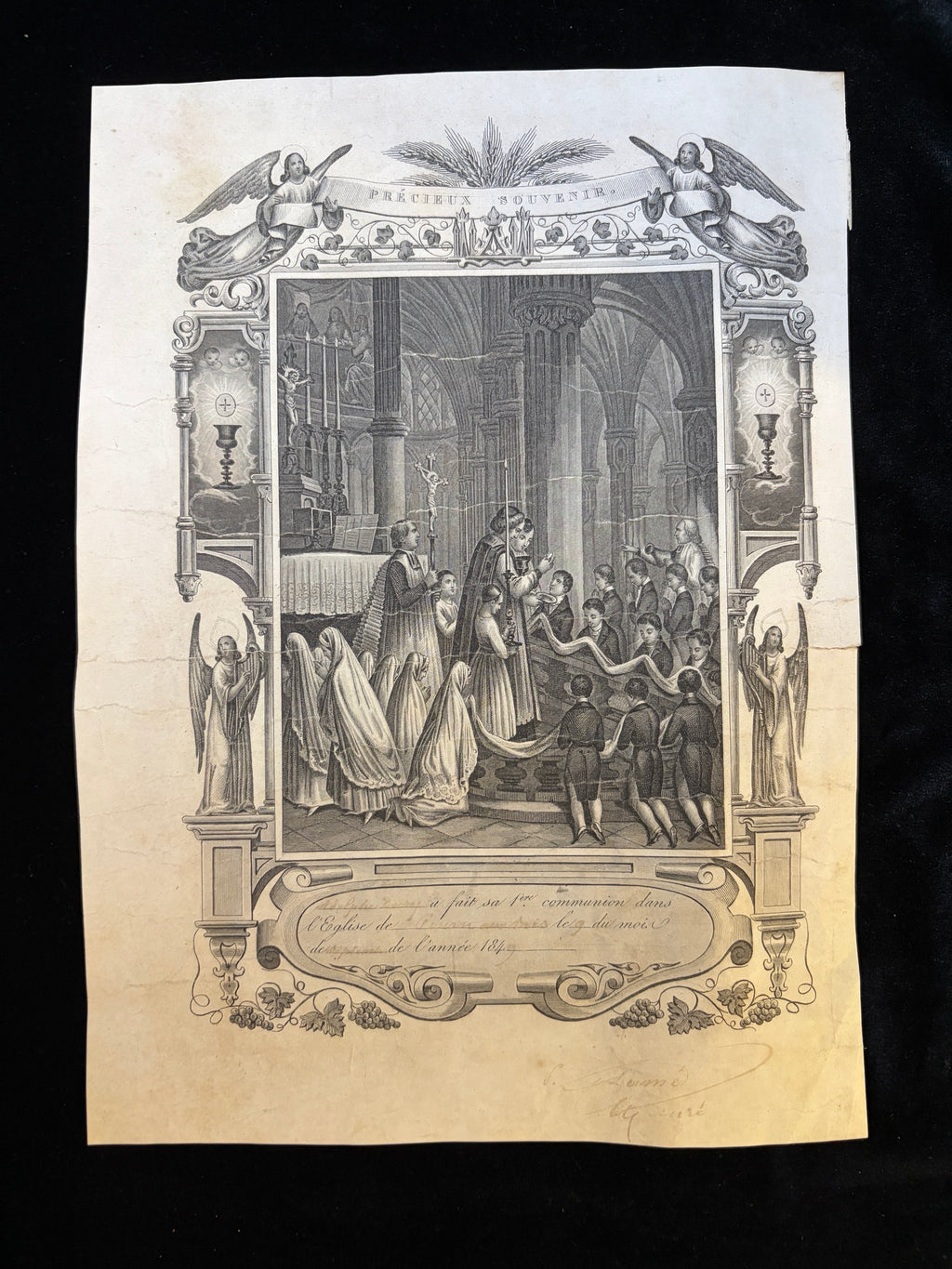1840s French First Communion certificate Precieux Souvenir, steel engraving of children receiving communion in a Gothic church, framed by angels and chalices