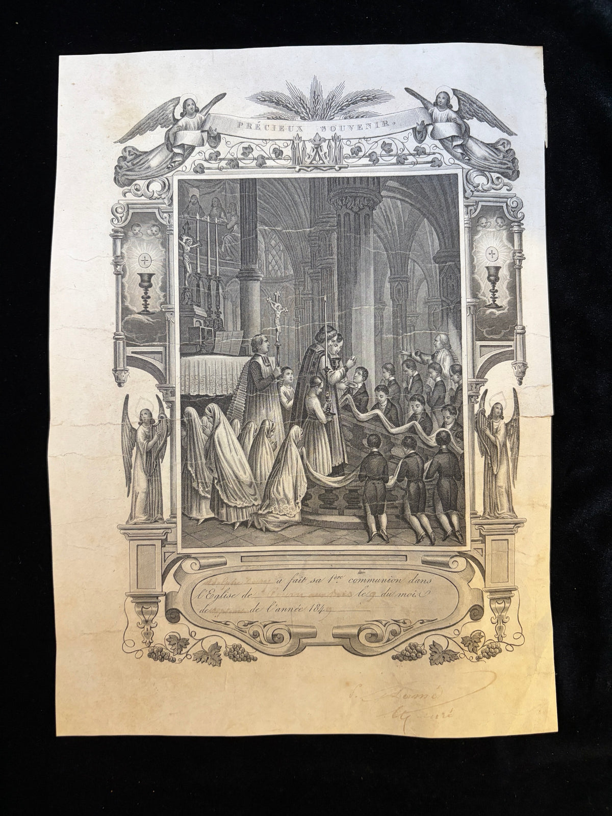 1840s French First Communion certificate Precieux Souvenir, steel engraving of children receiving communion in a Gothic church, framed by angels and chalices