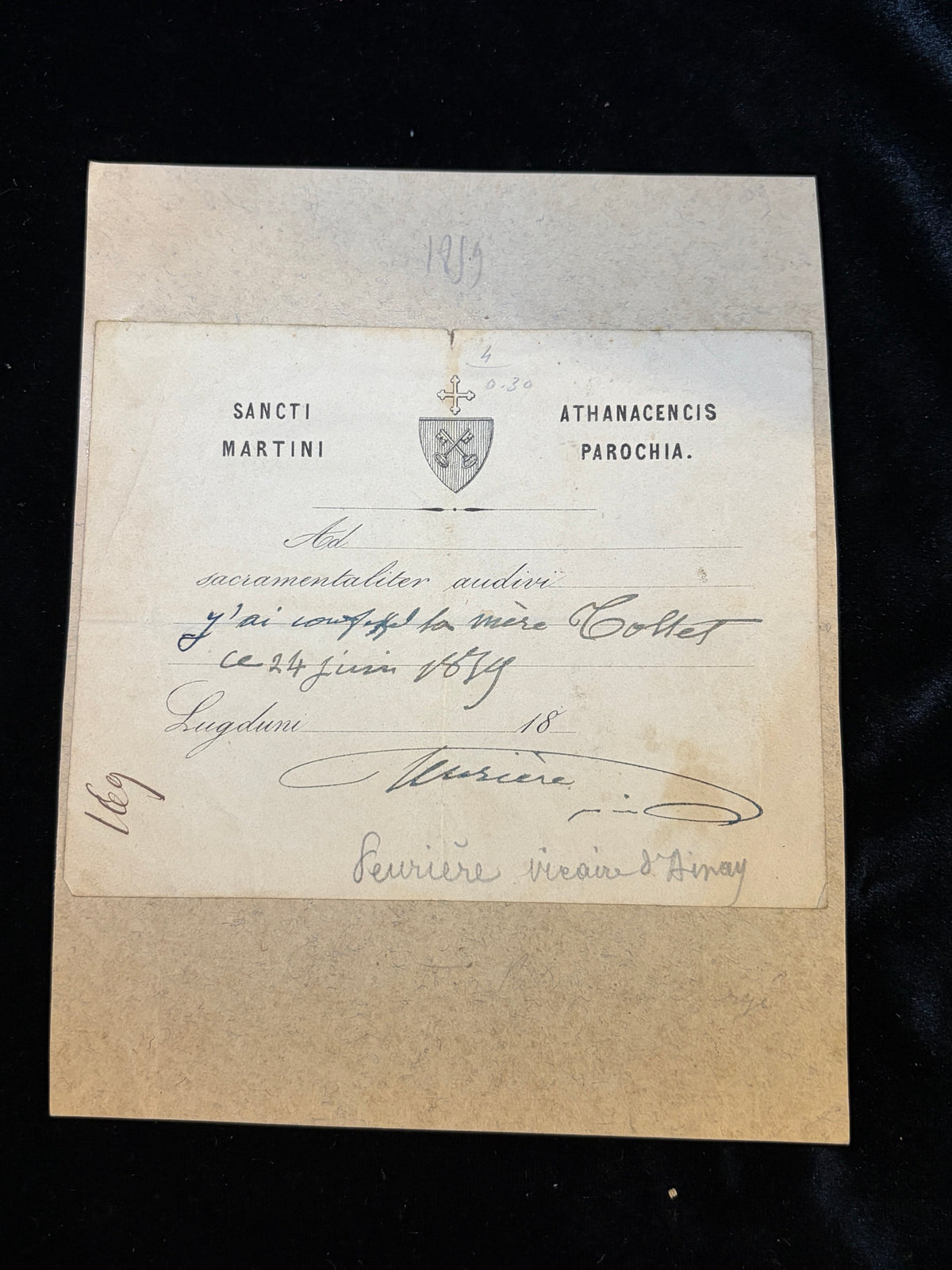 1879 French billet de confession from Saint-Martin d'Ainay parish, Lyon, handwritten J'ai confesse la mere Collet, signed by the vicar