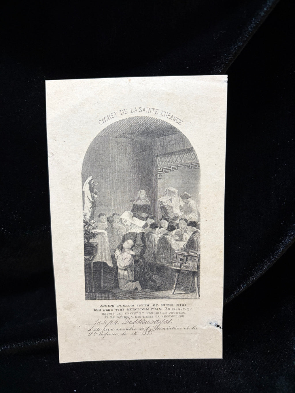 1895 Cachet de la Sainte Enfance certificate with engraving of nuns caring for children in a mission orphanage, inscribed Joseph Dessauvages