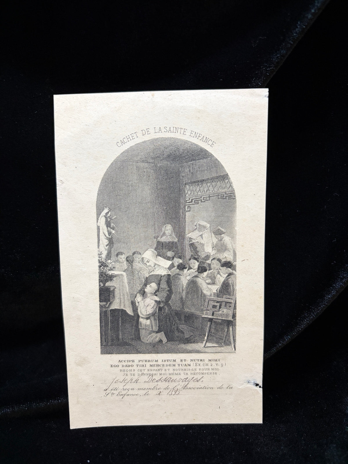1895 Cachet de la Sainte Enfance certificate with engraving of nuns caring for children in a mission orphanage, inscribed Joseph Dessauvages