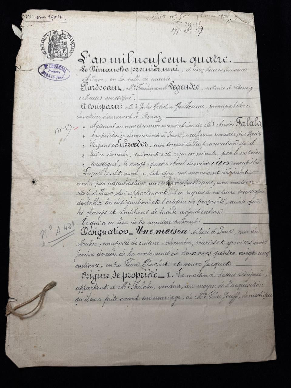 1904 French Notarial Property Sale Document Public Auction of House