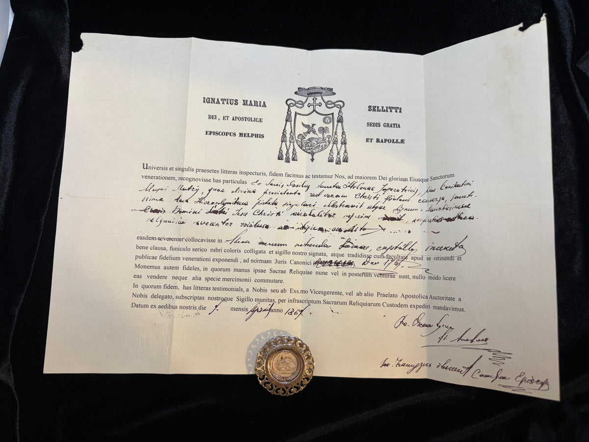 Antique 1889 St. Helena Devotional Medallion + Original Bishop Authentication Document