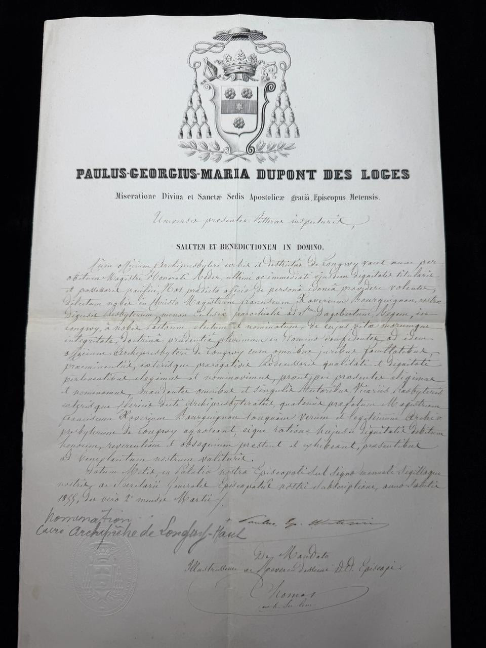 Episcopal Appointment Document – Bishop Dupont des Loges – Diocese of Metz – 1864