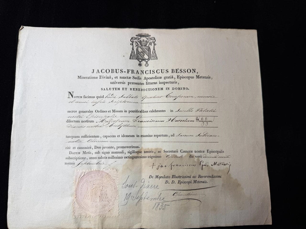 Episcopal Document Signed by Jacobus Franciscus Besson Bishop of Metz