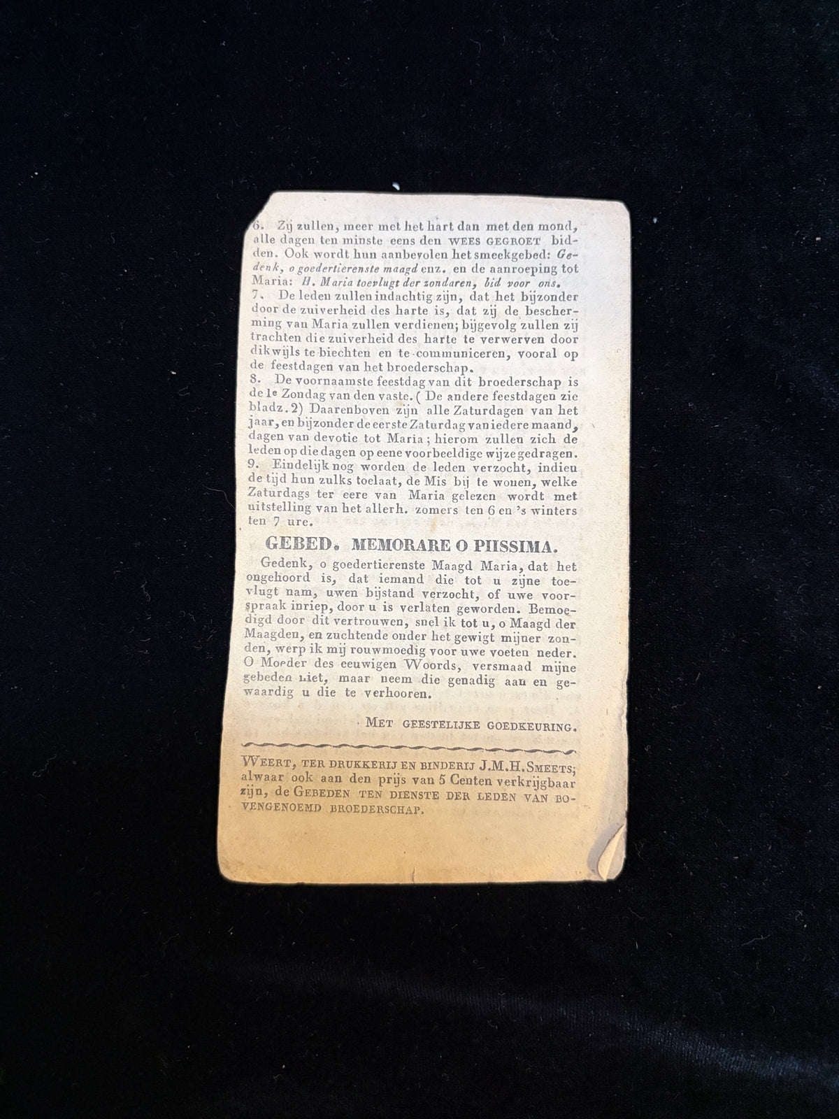 Back page of the confraternity certificate with the Memorare prayer in Dutch and printer's imprint J.M.H. Smeets, Weert