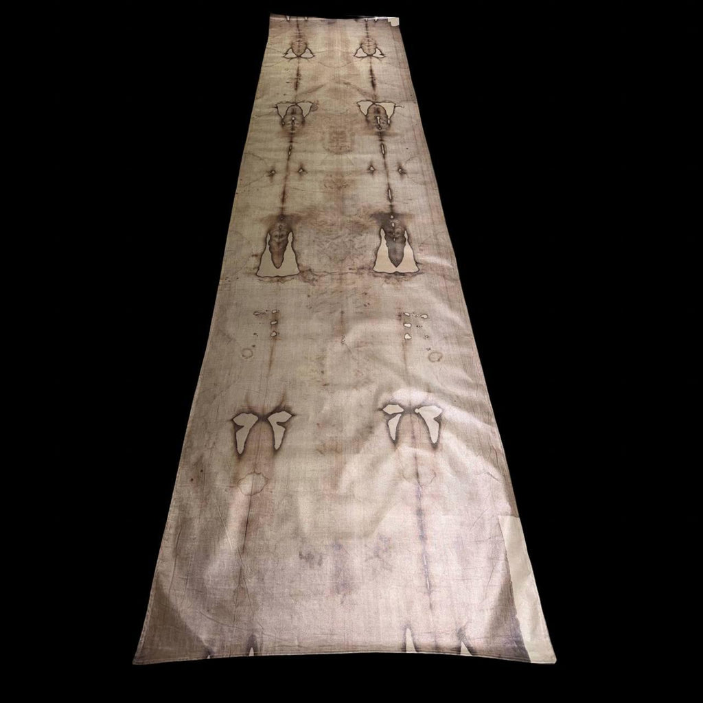 Full-length Holy Shroud of Turin reproduction on linen showing the frontal and dorsal images