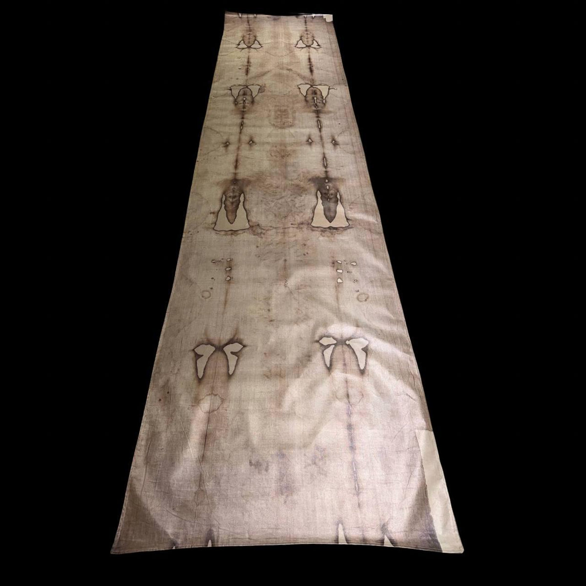 Full-length Holy Shroud of Turin reproduction on linen showing the frontal and dorsal images