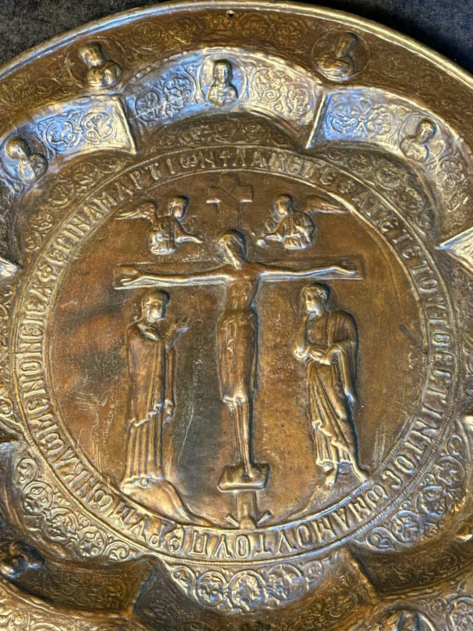 Monumental Gothic Brass Charger with Crucifixion  Ecclesiastical Art – Early Gothic Tradition (14th–15th Century, Attributed)