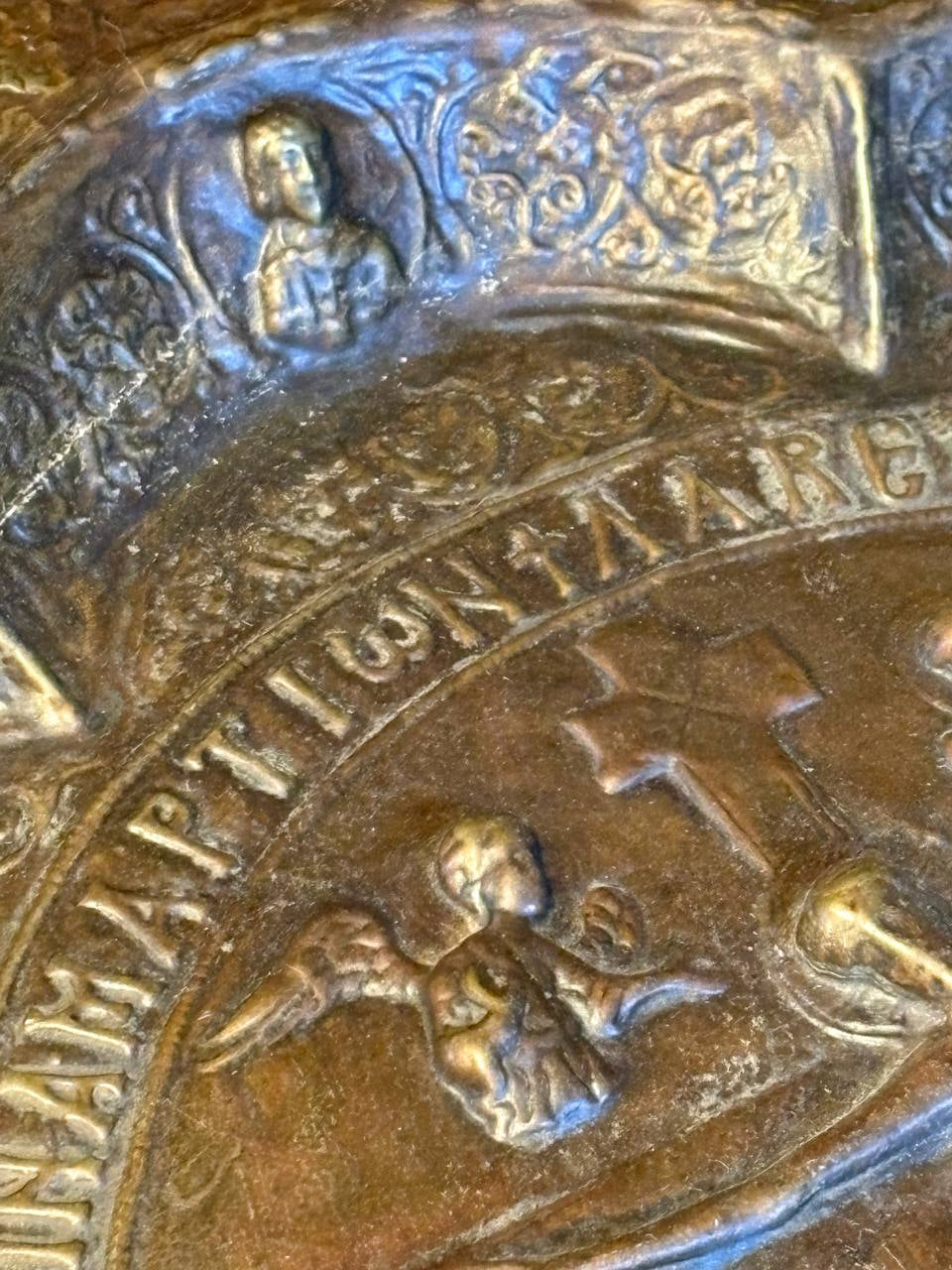 Monumental Gothic Brass Charger with Crucifixion  Ecclesiastical Art – Early Gothic Tradition (14th–15th Century, Attributed)