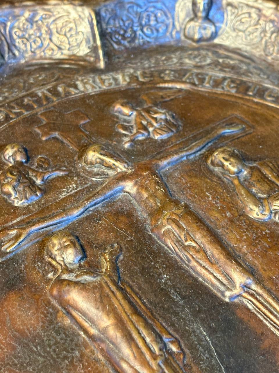 Monumental Gothic Brass Charger with Crucifixion  Ecclesiastical Art – Early Gothic Tradition (14th–15th Century, Attributed)
