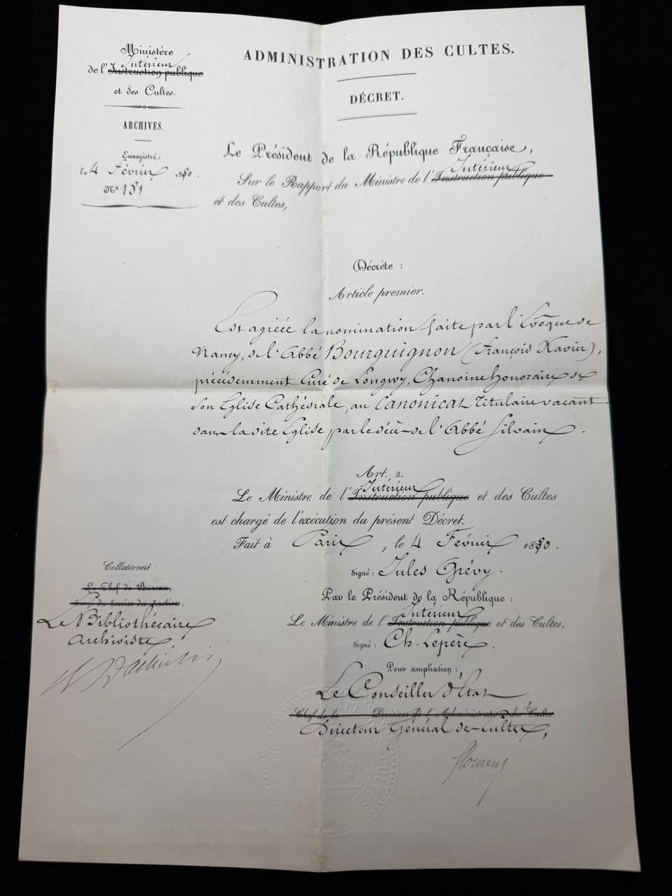 Official French Government Decree President Jules Grévy – Paris – 1880