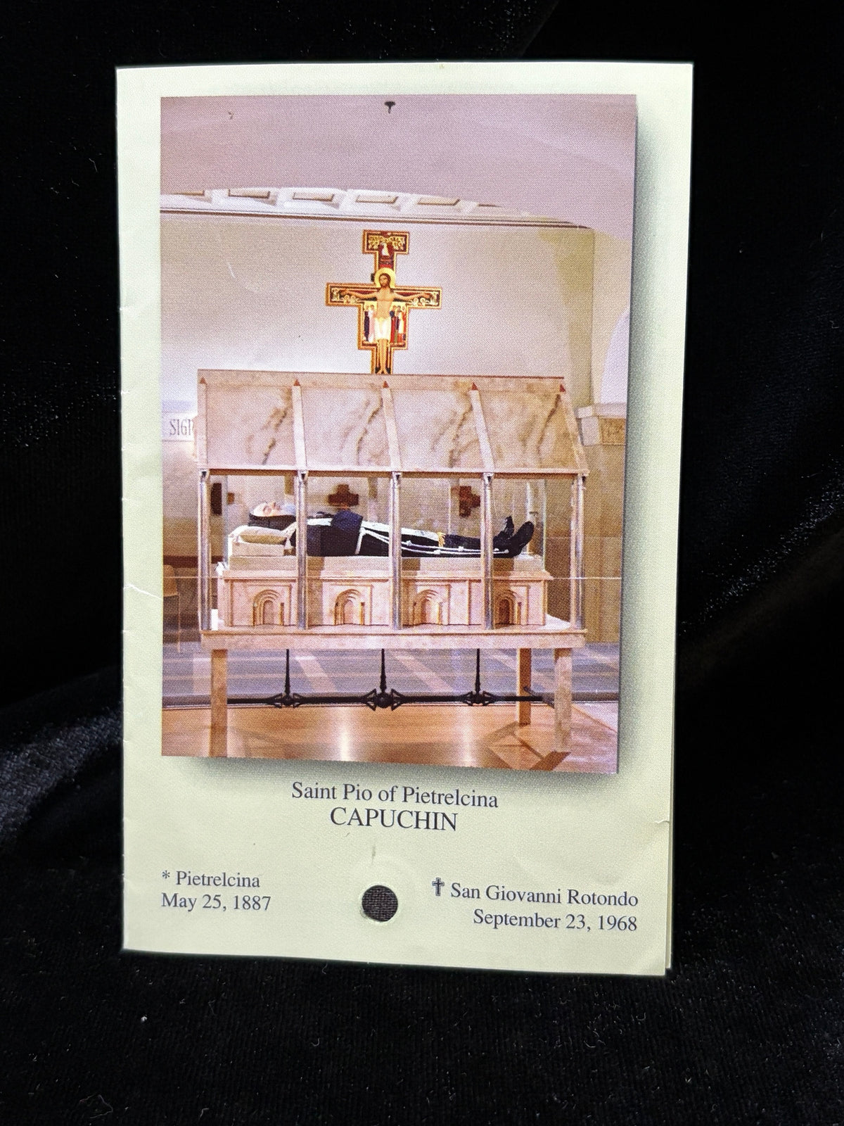 Padre Pio relic card from San Giovanni Rotondo Capuchin Friary with cloth relic and photo of the saint's body in his shrine