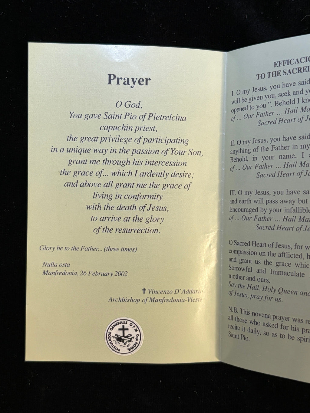 Close-up of prayer to Saint Pio of Pietrelcina with Nulla osta of Archbishop of Manfredonia 2002 and seal of the Capuchin Postulator General