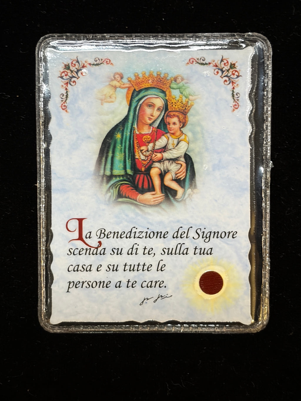 Padre Pio relic card with brown cloth relic, crowned Madonna delle Grazie and Child, Italian blessing prayer