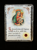 Padre Pio relic card with brown cloth relic, crowned Madonna delle Grazie and Child, Italian blessing prayer