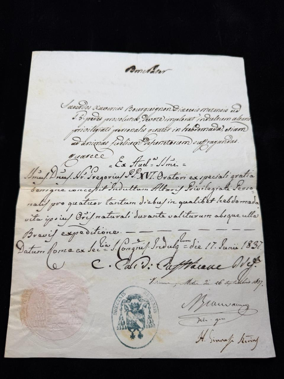 Papal Latin Ecclesiastical Document – Diocese of Sens – 1837