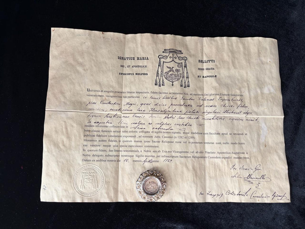 Antique 1889 St. Helena Devotional Medallion + Original Bishop Authentication Document