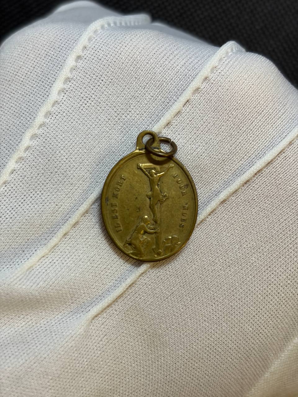 Catholic Religious Medal – Crucifix & Saint Devotional Medal, Antique Bronze Tone Pendant
