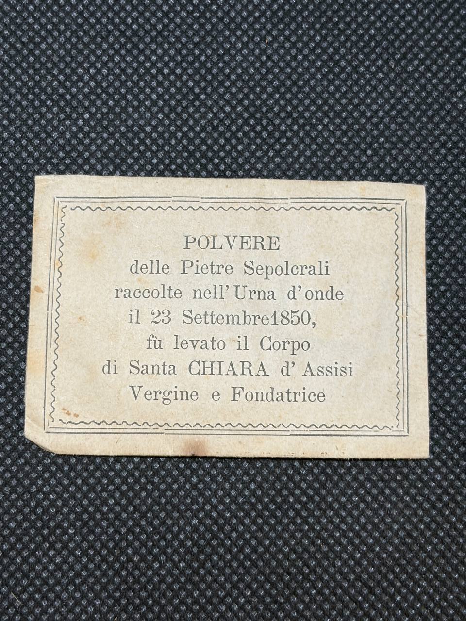 Antique 19th Century Saint Clare of Assisi Relic Card – Sepulchral Dust, 1850