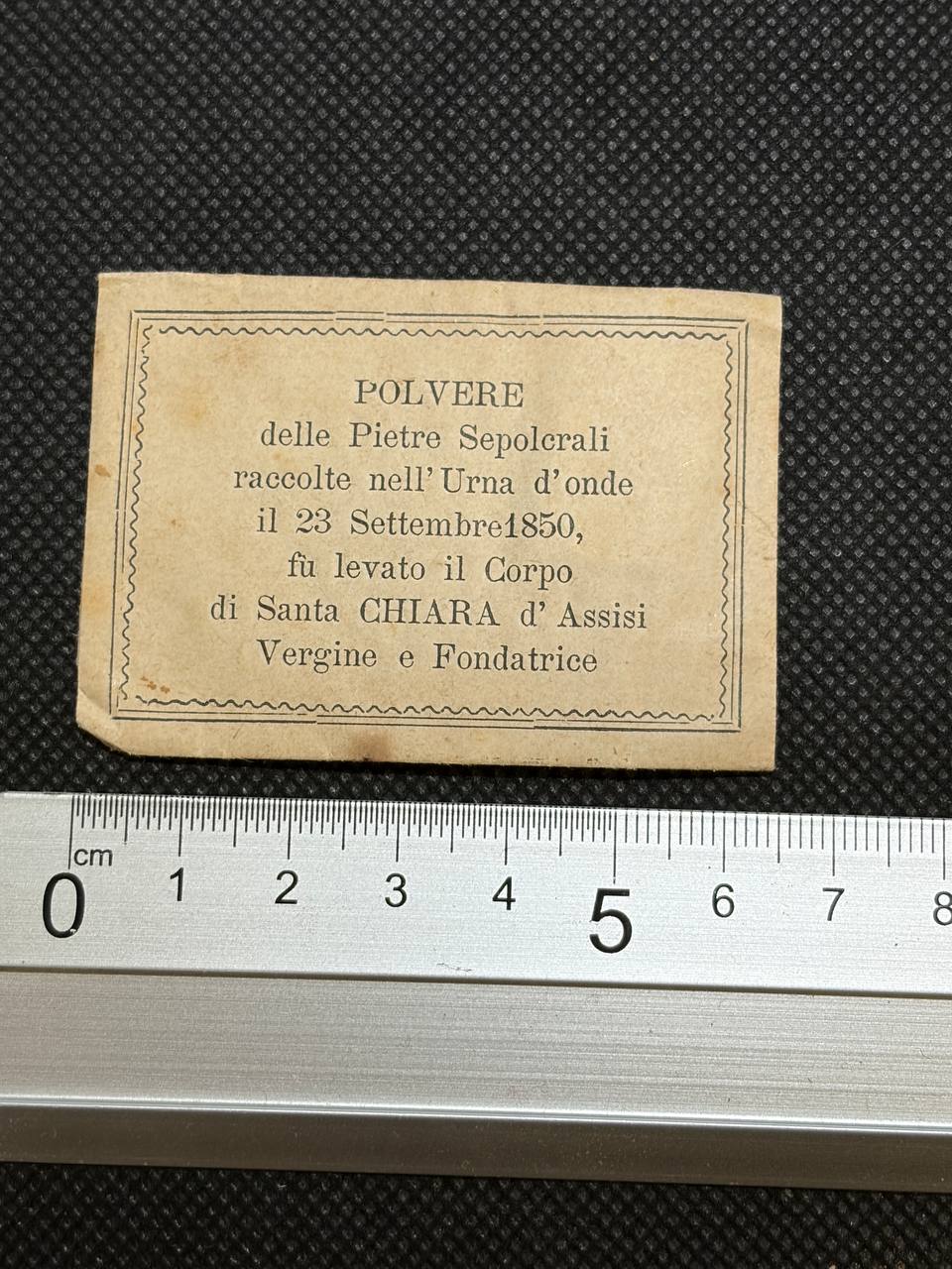 Antique 19th Century Saint Clare of Assisi Relic Card – Sepulchral Dust, 1850