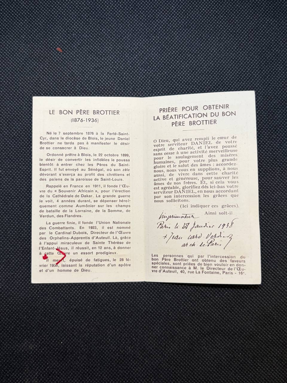 Relic Collection of Blessed Daniel Brottier – French Holy Cards & Prayer Booklet