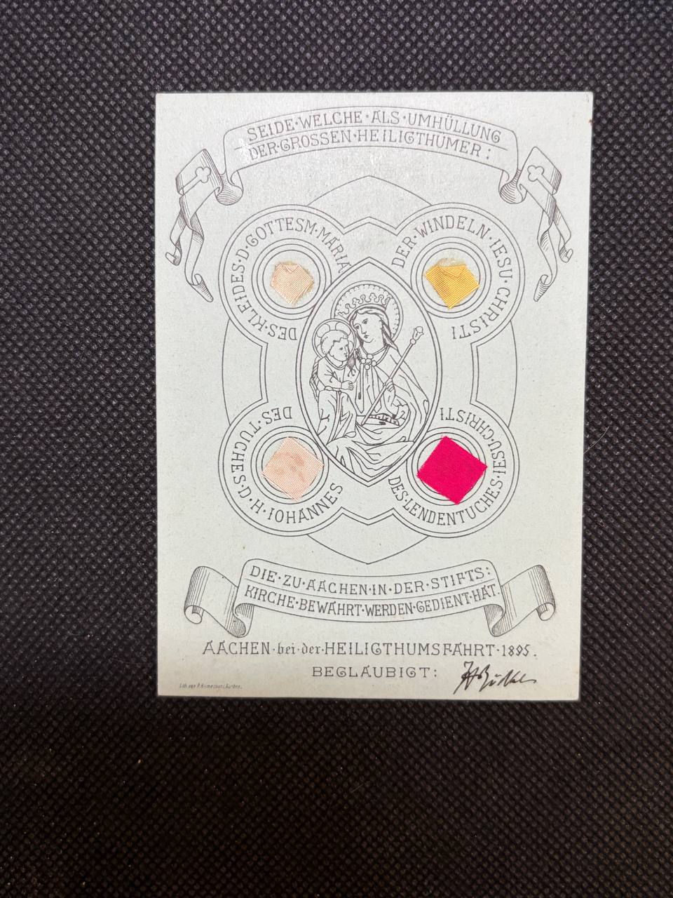 Antique Aachen Relic Card – 1885 Heiltumsfahrt, Sacred Textile Fragments