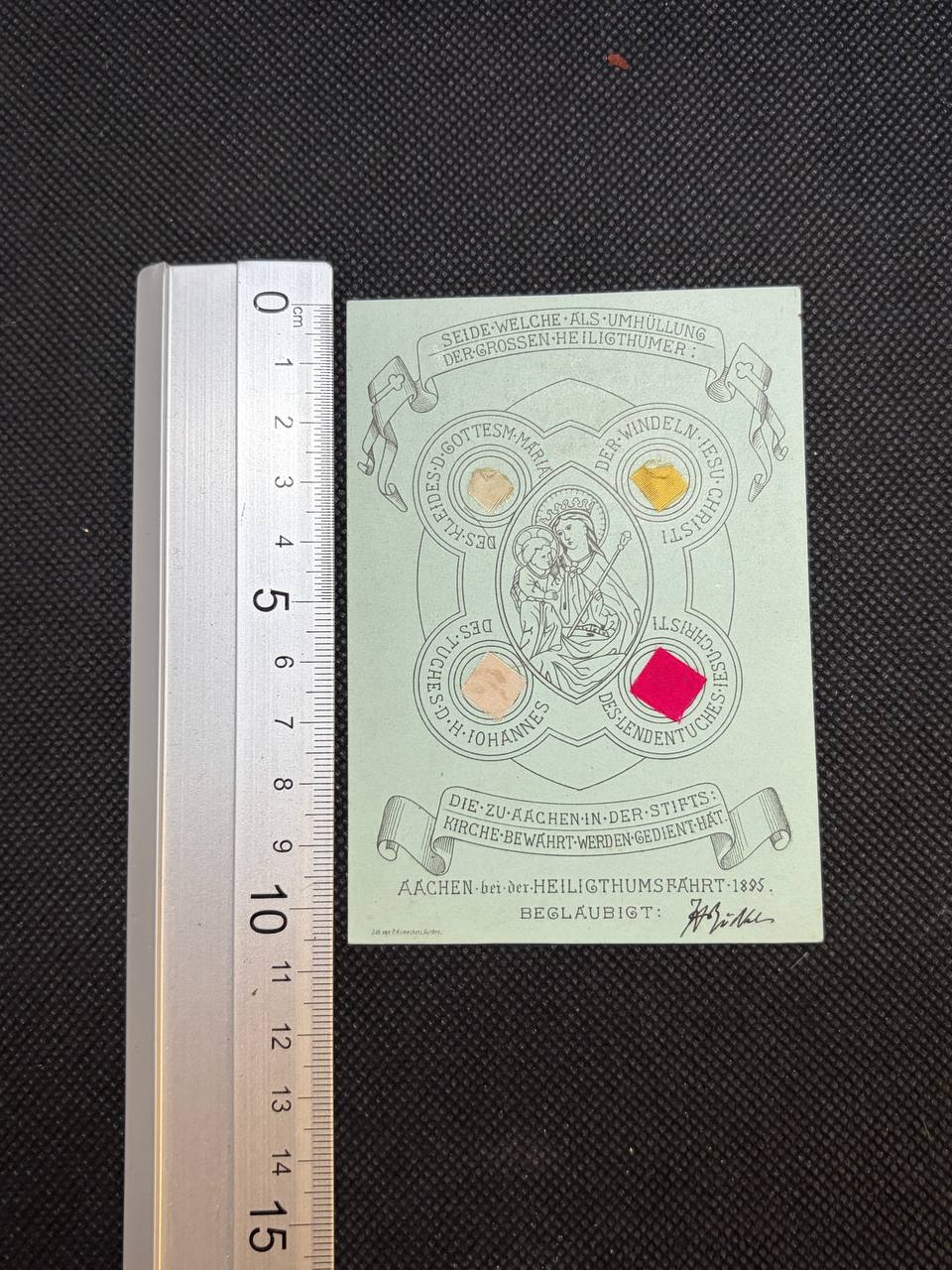 Antique Aachen Relic Card – 1885 Heiltumsfahrt, Sacred Textile Fragments