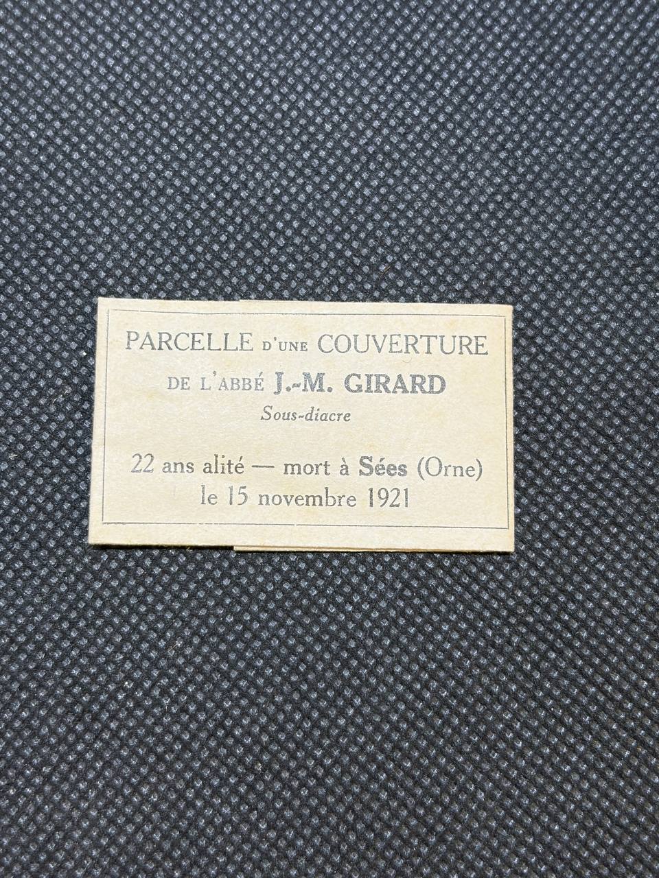 Rare Relic Card with Textile Fragment of Abbé J.-M. Girard – France, 1921