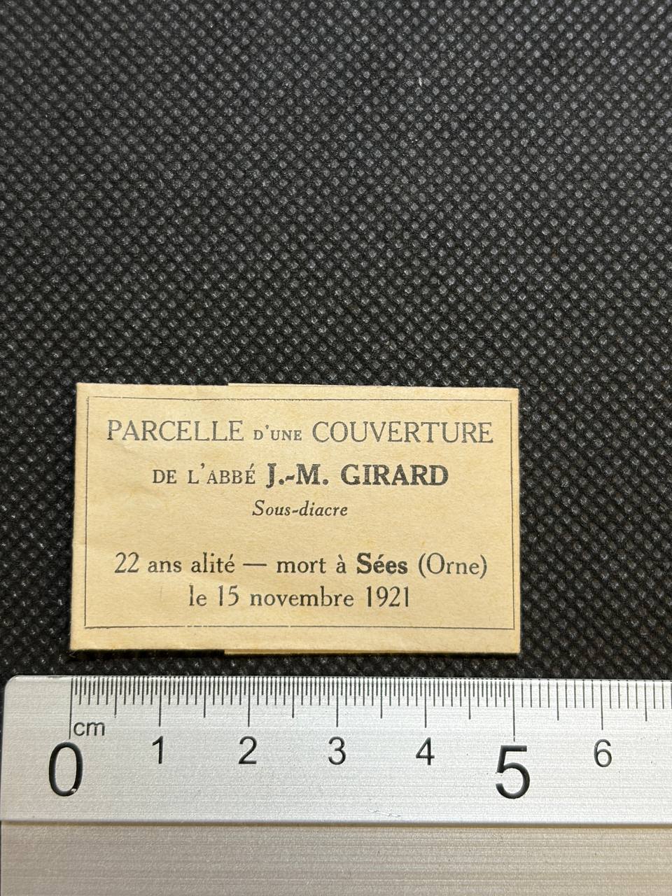 Rare Relic Card with Textile Fragment of Abbé J.-M. Girard – France, 1921