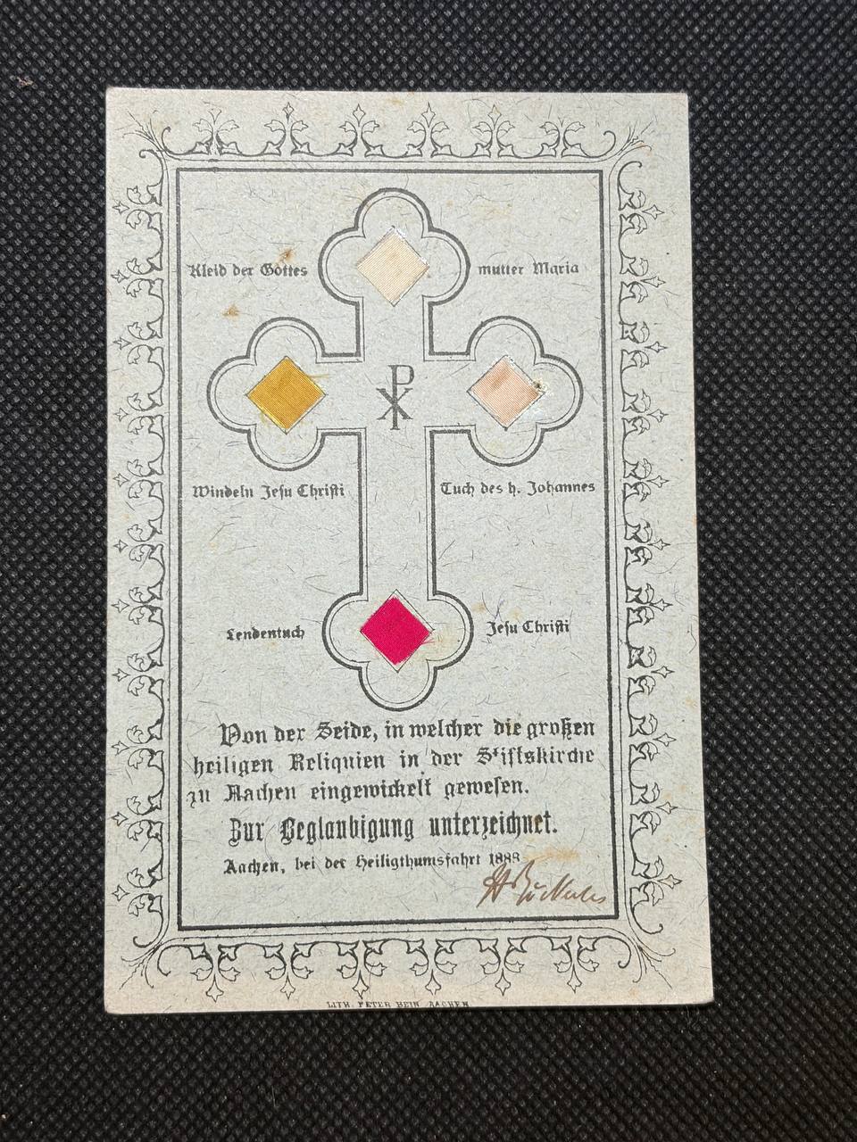 Antique Aachen Holy Relic Card, 1888 – Heiligthumsfahrt, Cloth Touch Relics
