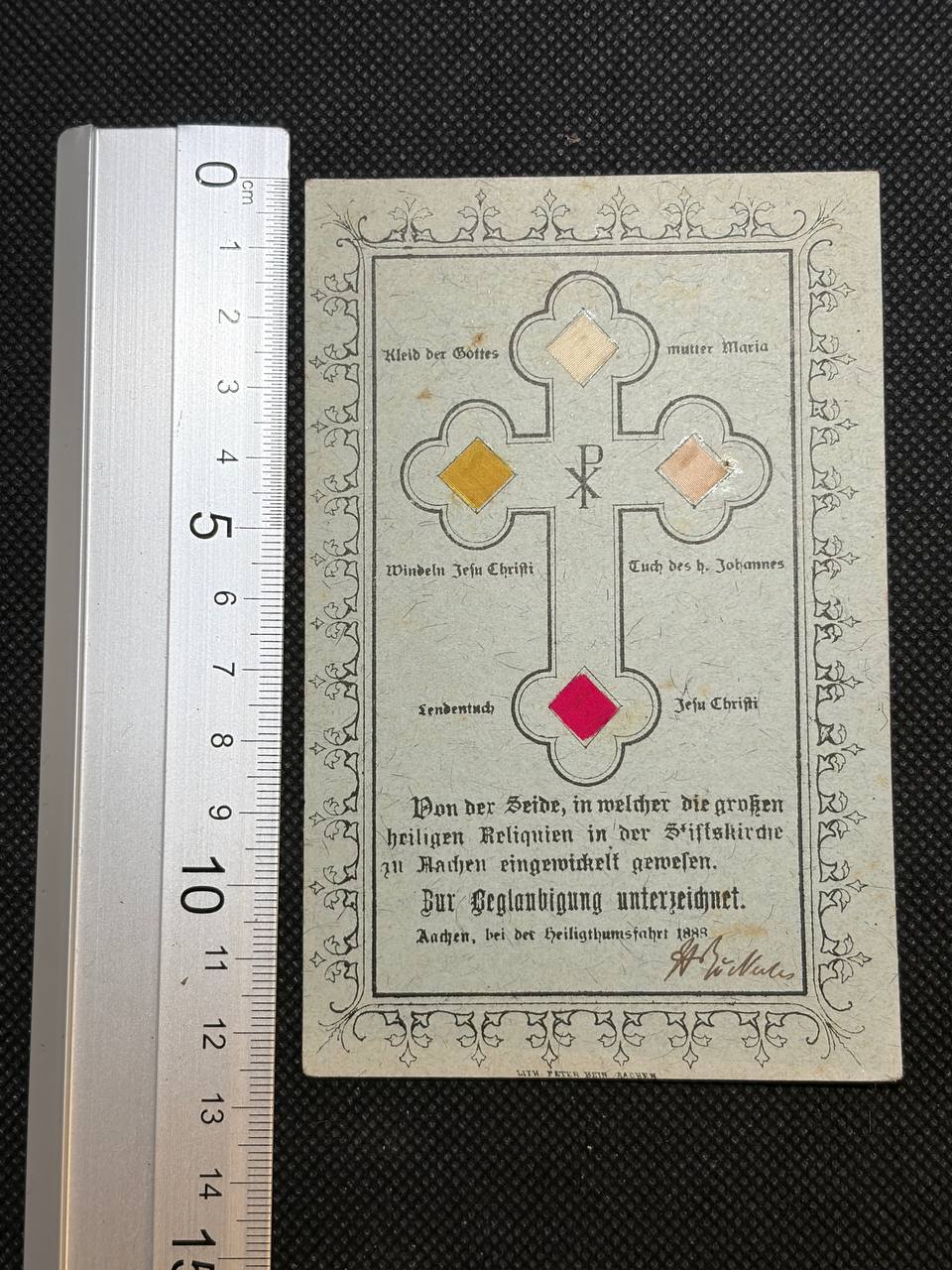 Antique Aachen Holy Relic Card, 1888 – Heiligthumsfahrt, Cloth Touch Relics