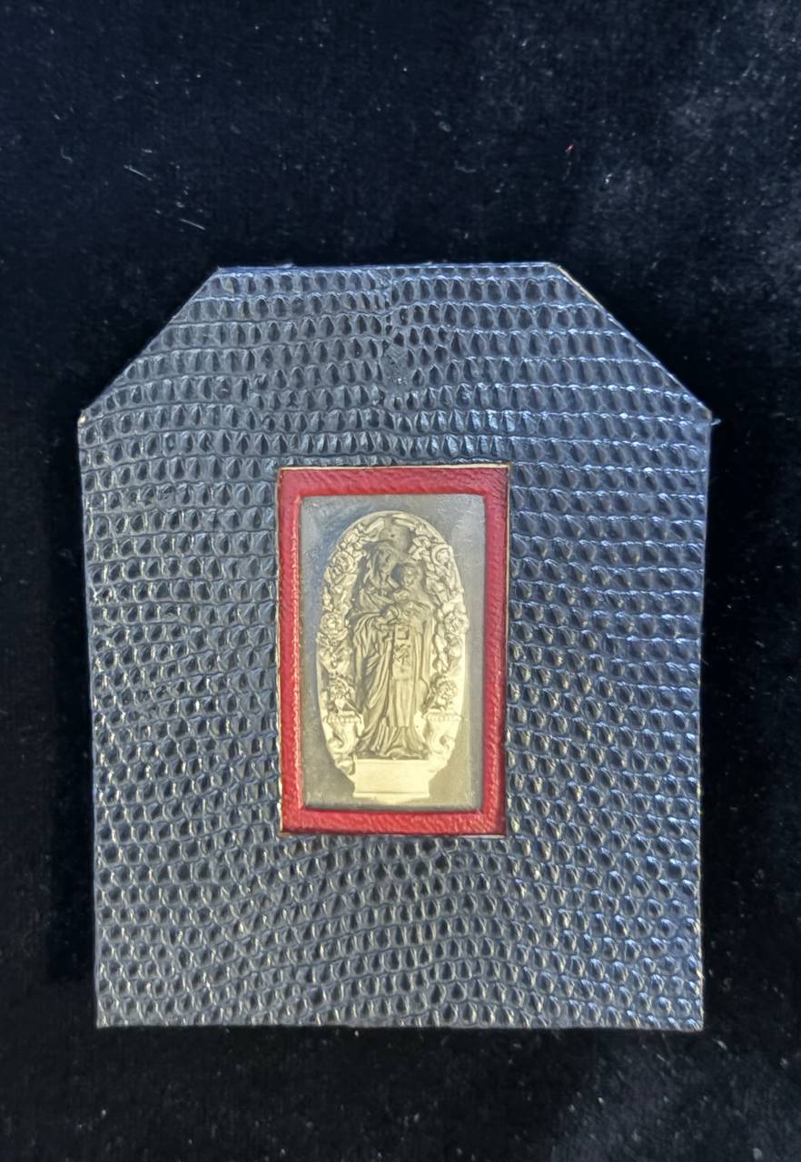 Vintage Catholic Devotional Reliquary Plaque – Sacred Image in Red Leather Frame