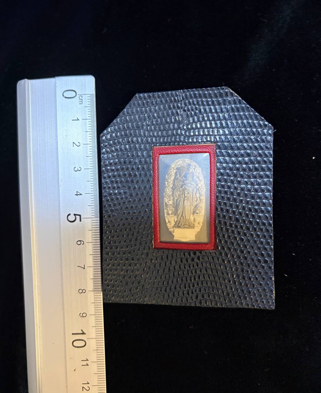 Vintage Catholic Devotional Reliquary Plaque – Sacred Image in Red Leather Frame
