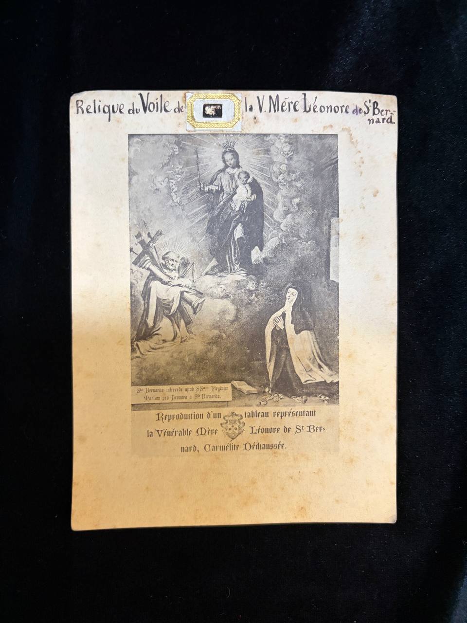 Antique Relic Card – Veil Relic of Venerable Mother Leonora of St. Bernard, Discalced Carmelite