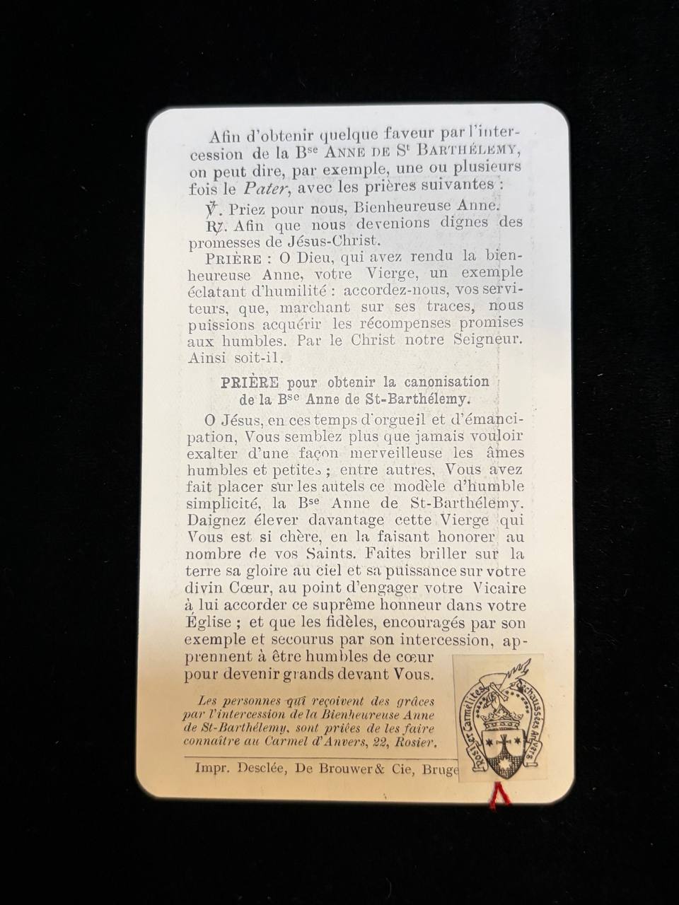 Antique Catholic Relic Card – Blessed Anne of Saint Bartholomew, Carmelite, Belgium