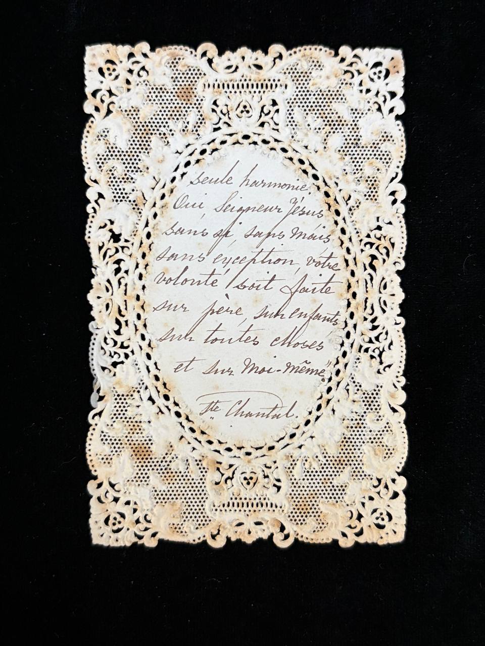 Antique French Lace Holy Card – Handwritten Prayer of Saint Jane Frances de Chantal