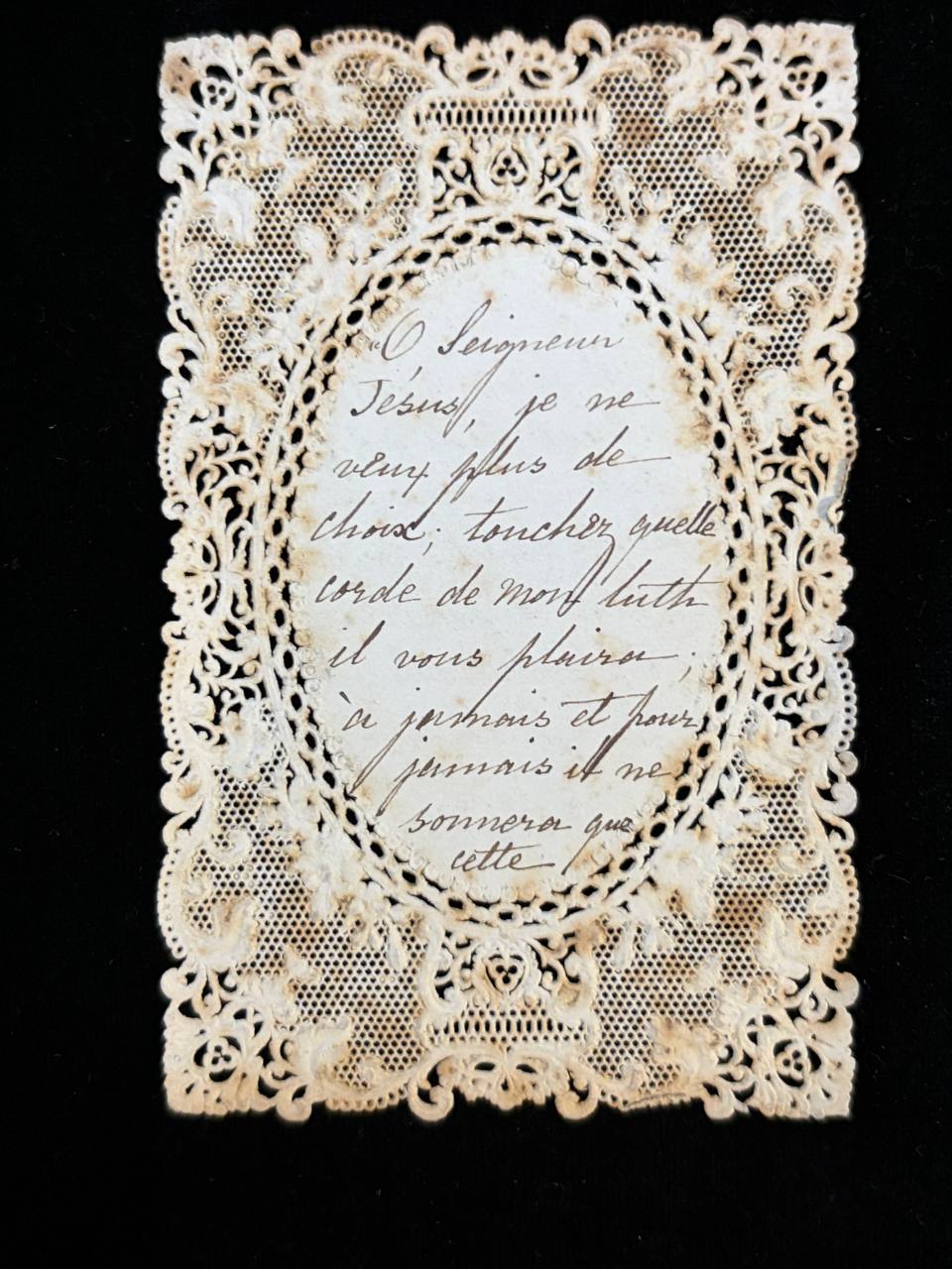 Antique French Lace Holy Card – Handwritten Prayer of Saint Jane Frances de Chantal