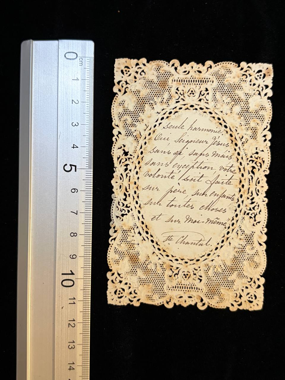 Antique French Lace Holy Card – Handwritten Prayer of Saint Jane Frances de Chantal