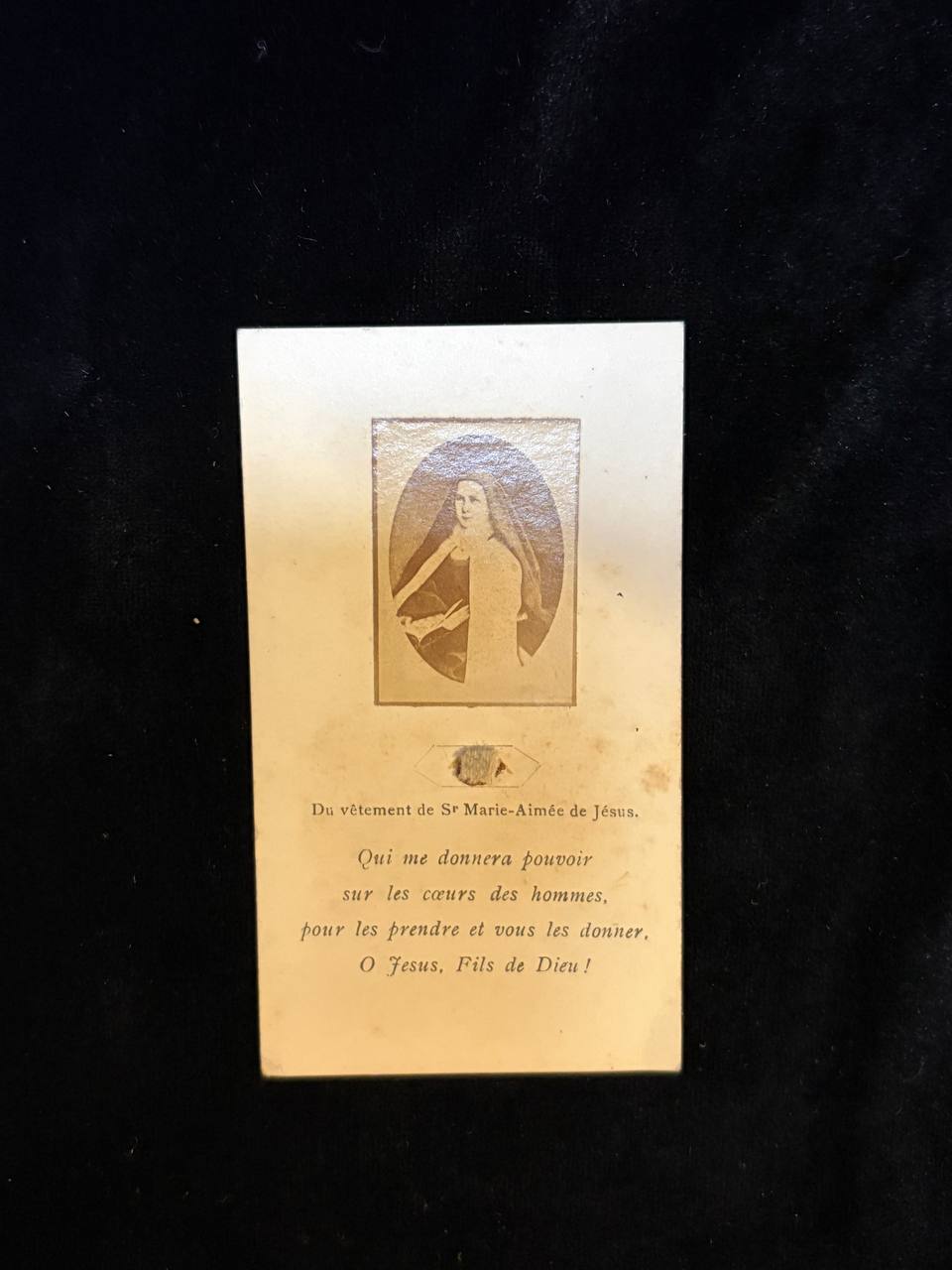 Antique Catholic Relic of Sister Marie-Aimée de Jésus – Relic from Her Garment, Carmelite Devotional Card
