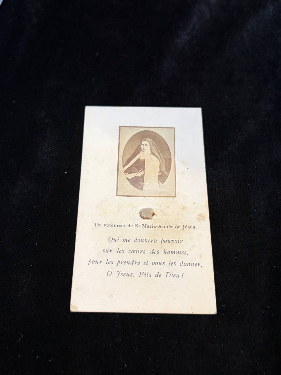 Antique Catholic Relic of Sister Marie-Aimée de Jésus – Relic from Her Garment, Carmelite Devotional Card