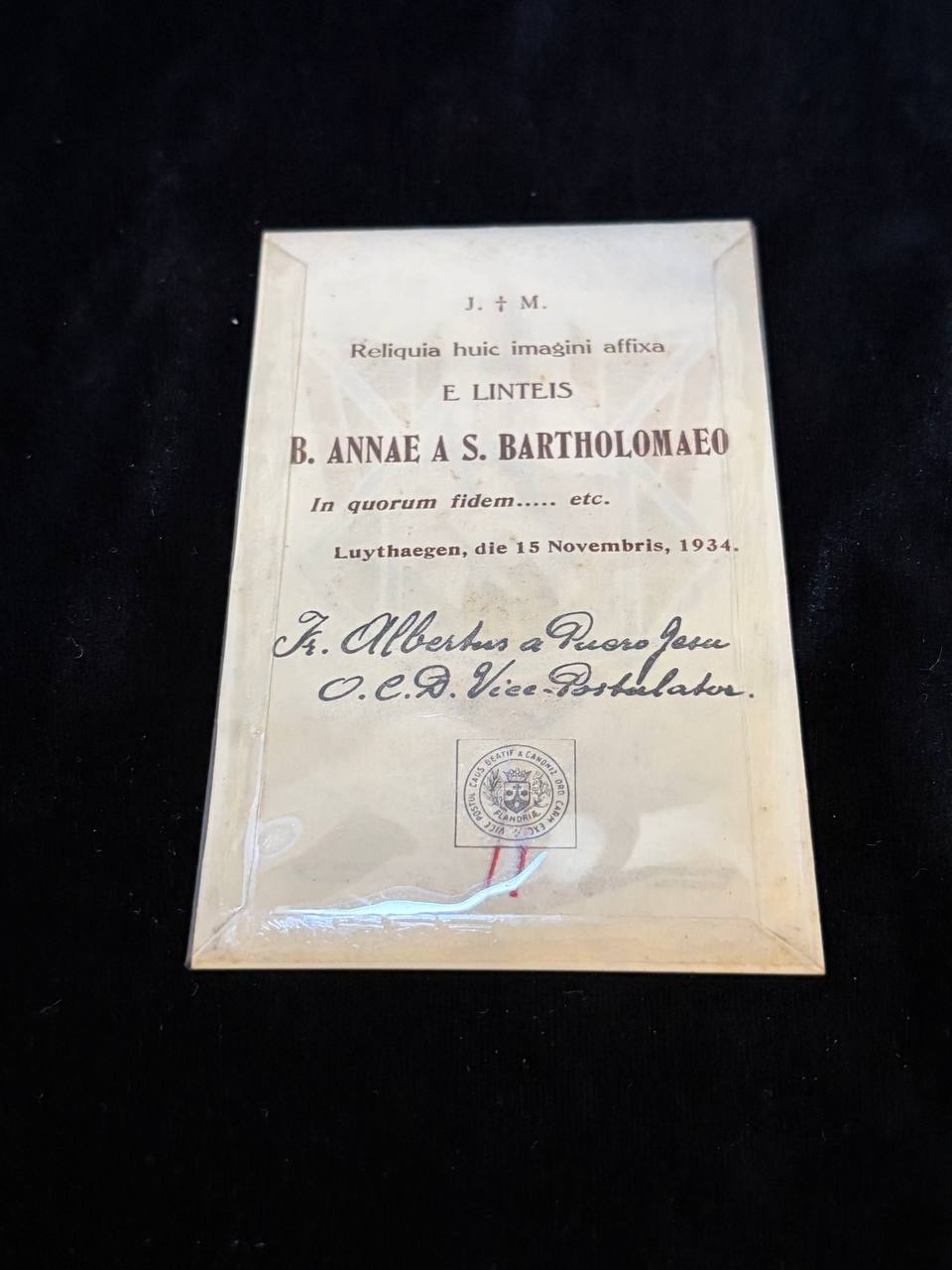 Blessed Anna of Saint Bartholomew Relic Card – Ex Linteis, 1934